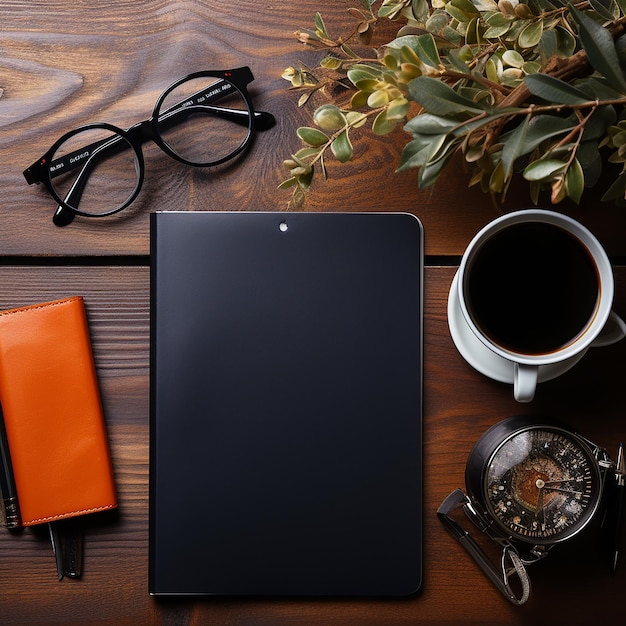 Luogo di lavoro con smartphone portatile su sfondo copyspace vista dall'alto del tavolo nero