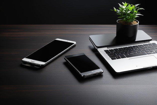 Luogo di lavoro con smartphone portatile su sfondo copyspace vista dall'alto del tavolo nero