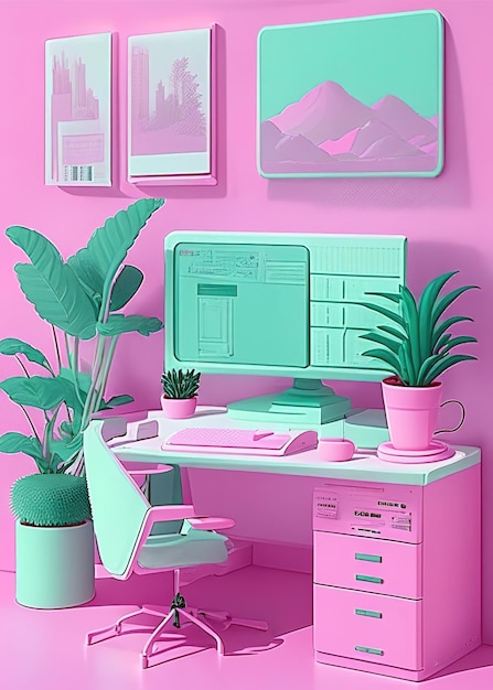 Luogo di lavoro con un computer in ufficio colori pastello blu e rosa Illustrazione aigenerata
