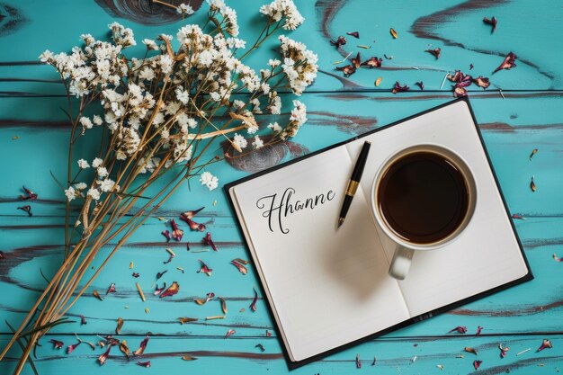 Luogo di lavoro con una tazza di caffè quaderno penna e fiori secchi Grazie lettere