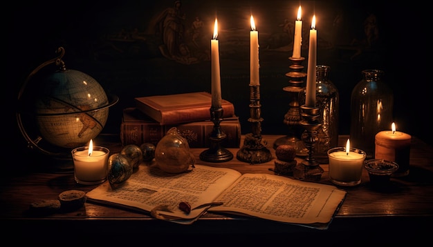Luogo di lavoro di uno scienziato o scrittore dei secoli passati a lume di candela
