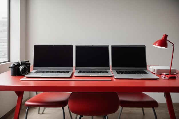 Luogo di lavoro moderno con due computer portatili sul tavolo rosso contro il muro bianco