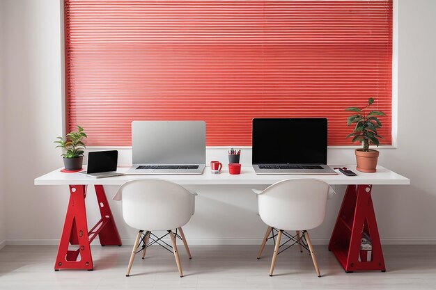 Luogo di lavoro moderno con due computer portatili sul tavolo rosso contro il muro bianco