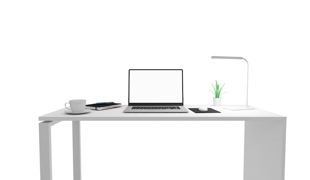 Luogo di lavoro moderno Gruppo di apparecchiature per ufficio e accessori sulla scrivania