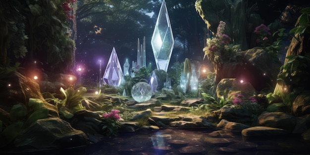 Luogo esoterico nella foresta con Tempio Zen per la meditazione con cristalli e pietre semipreziose AI generativa