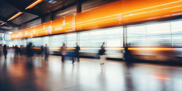 Luogo pubblico affollato con persone che passano accanto all'effetto motion blur del flusso di traffico IA generativa