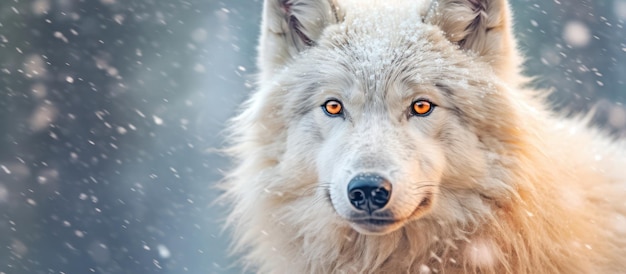 lupo bianco da vicino con sfondo di nevicata