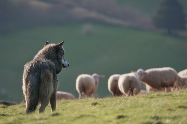 Lupo che guarda gregge di pecore