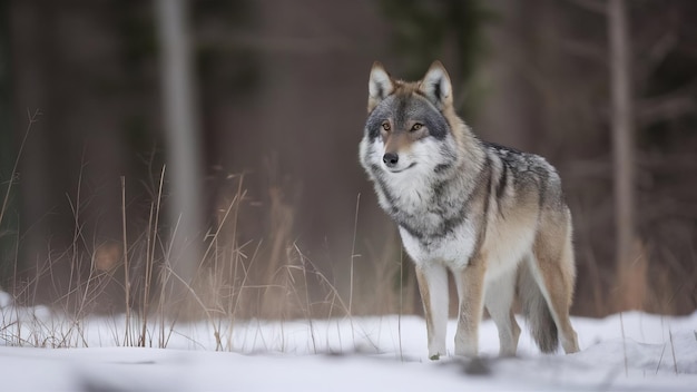 Lupo eurasiatico in habitat invernale bianco bellissima foresta invernale