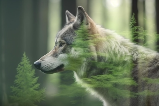 Lupo in natura doppia esposizione Illustrazione dell'IA generativa