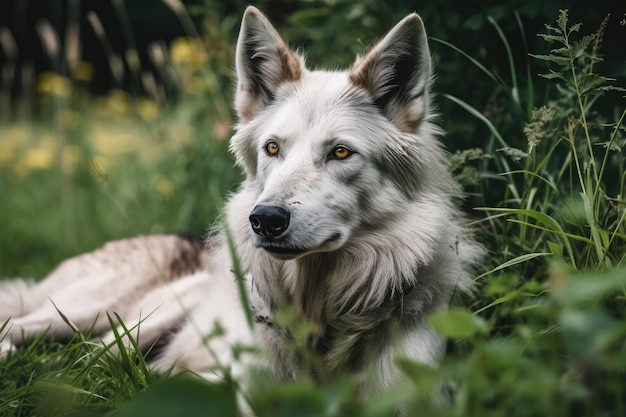 Lupo nell'erba Una fotografia di un cane bianco e grigio