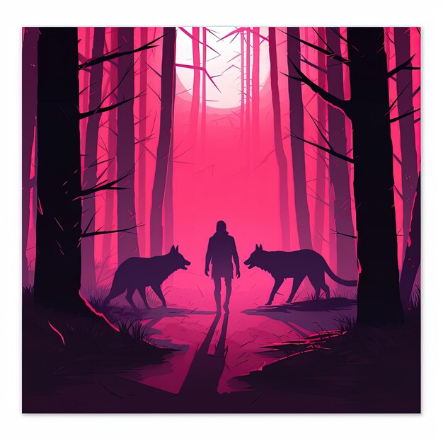 lupo rosso foresta oscura arte hd nello stile delle illustrazioni piatte