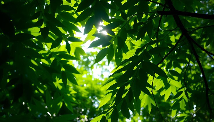 Lush Greenery with Sunlight Filtering Through Leaves