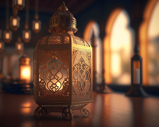 lusso dorato lampada ramadan sfondo islamico ai generato