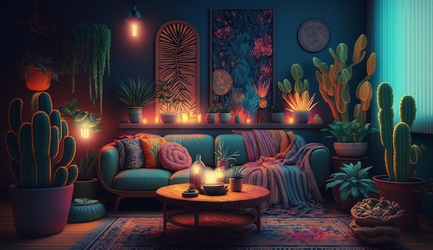 Lusso moderno arredamento al neon soggiorno interior design AI Immagine generata