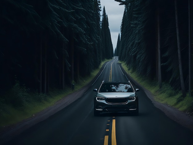 Lussuosa auto premium moderna su una strada forestale generazione AI