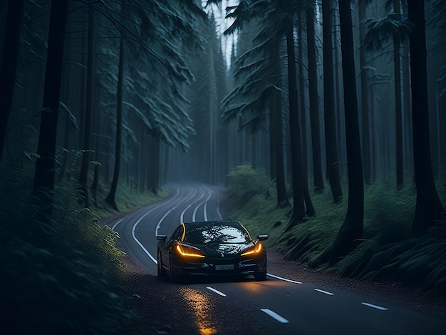 Lussuosa auto premium moderna su una strada forestale generazione AI