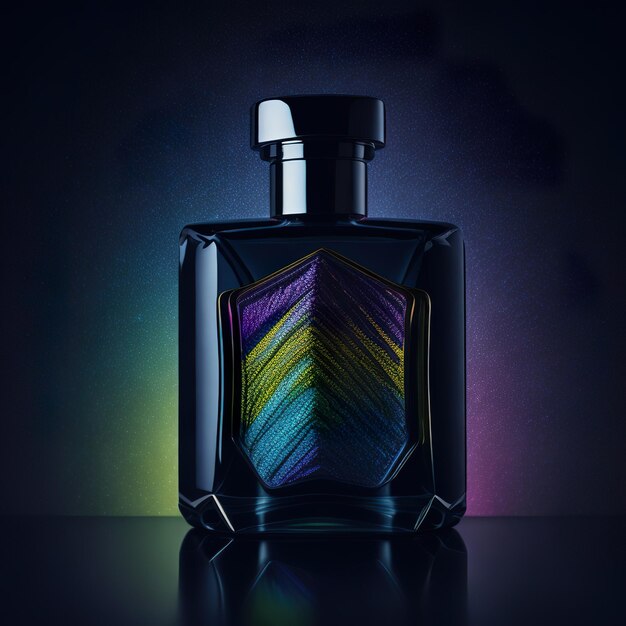 Lussuosa bottiglia di profumo con dettagli colorati su uno sfondo scuro
