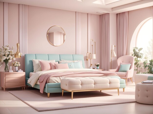 Lussuosa camera da letto principale moderna in colori chiari in colori pastello rendering 3d