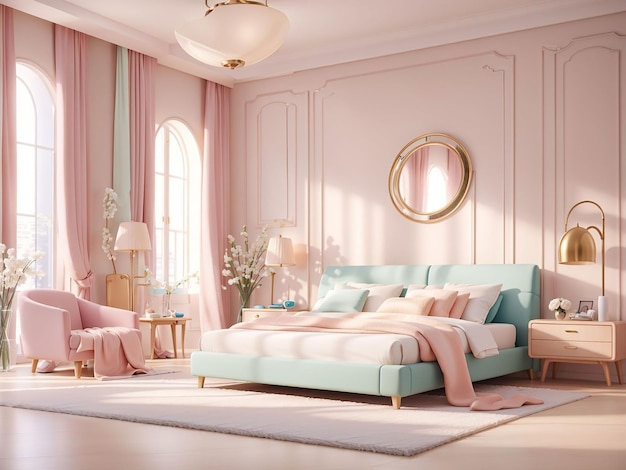 Lussuosa camera da letto principale moderna in colori chiari in colori pastello rendering 3d