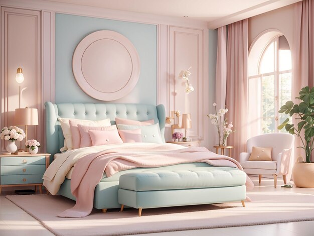 Lussuosa camera da letto principale moderna in colori chiari in colori pastello rendering 3d