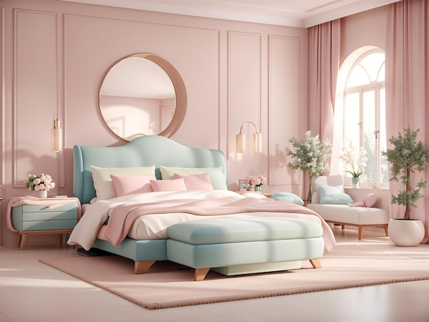 Lussuosa camera da letto principale moderna in colori chiari in colori pastello rendering 3d