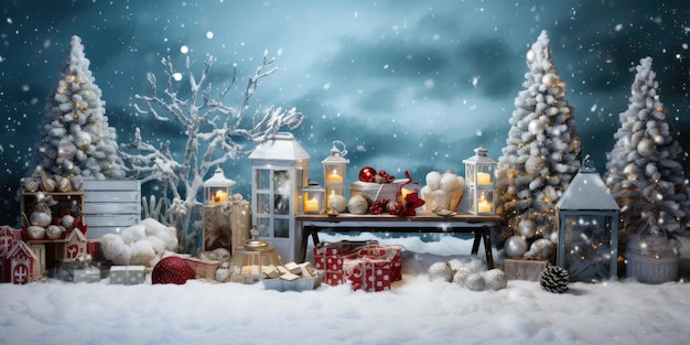 Lussuosa carta da parati pubblicitaria natalizia con bellissimi ornamenti natalizi e spaziatura del testo