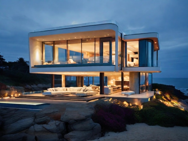 Lussuosa casa moderna sulla spiaggia con grandi finestre di vetro e illuminazione serale sul mare