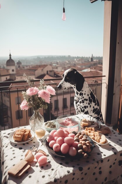 Lussuosa colazione su un balcone in una bellissima città Con bevande dolci e cibo Generativo Ai