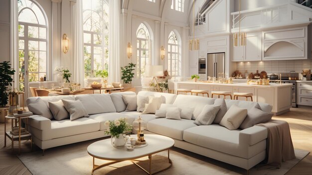 Lussuosa cucina bianca e soggiorno in una grande casa