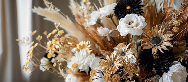 Lussuosa disposizione floreale con colori dorati neri e bianchi per il matrimonio e l'interior design