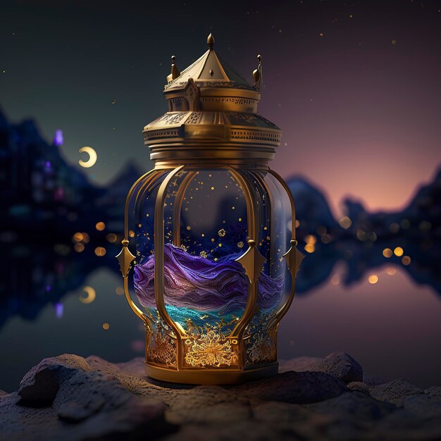lussuosa lanterna dorata del ramadan circondata dalla foresta fluviale ai generata