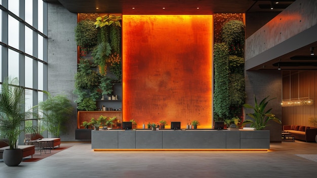Lussuosa lobby moderna dell'hotel con un ambiente caldo