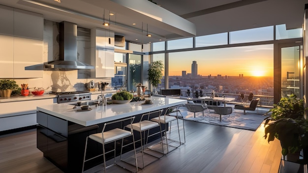 Lussuosa penthouse cucina opulenta con vista panoramica sull'orizzonte