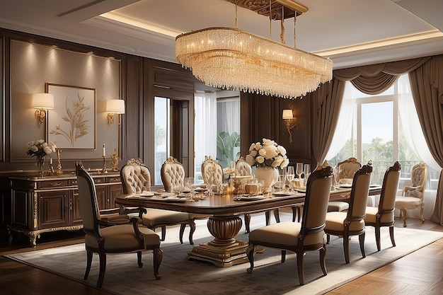 Lussuosa sala da pranzo 8K Dettaglio Golden Hour Illuminazione Design