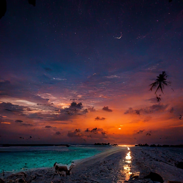 Lussuosa spiaggia delle Maldive con capre e bicchieri di vino con un tramonto epico, a metà viaggio