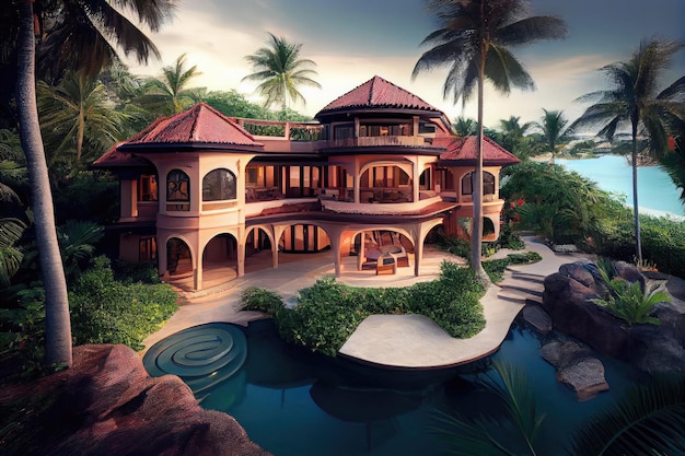 Lussuosa villa fronte mare con piscina privata e vasca idromassaggio circondata da giardini tropicali