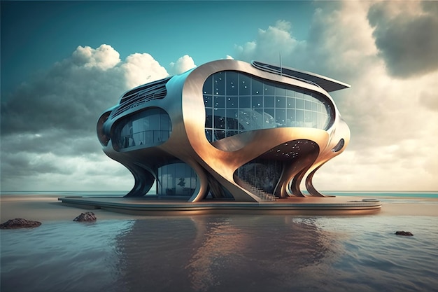 Lussuosa villa futuristica sull'esterno della spiaggia del mare della casa moderna sull'IA generativa dell'acqua