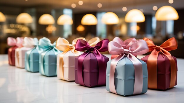 Lussuose scatole regalo con archi di satin lisci concetto di imballaggio di classe per occasioni speciali