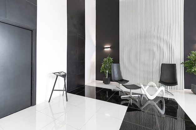 Lussuosi interni moderni alla moda futuristici in contrasto di colori bianco e nero con interessanti mobili neri alla moda e pareti decorate