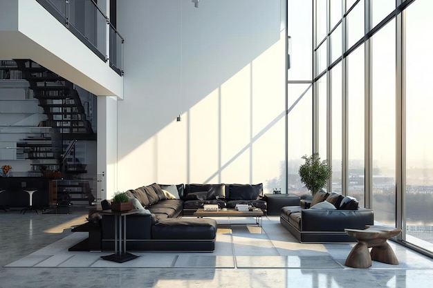 Lussuoso attico moderno con ampie finestre e divano in pelle sul retro