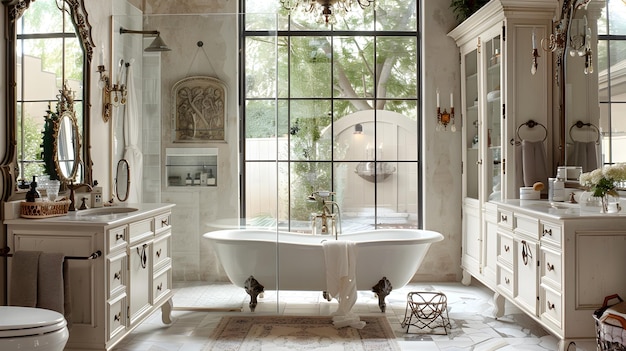 Lussuoso bagno di campagna francese con elegante vasca Clawfoot in ambientazione vintage