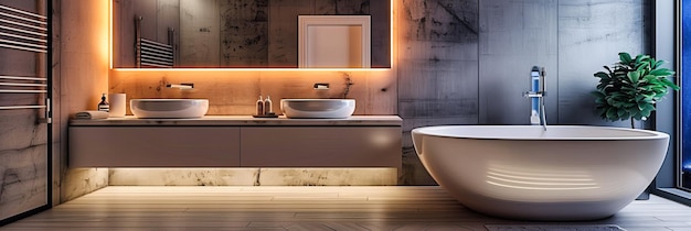 Lussuoso bagno moderno con design elegante e apparecchiature eleganti con una vasca da bagno indipendente per un'esperienza SpaLike in una casa contemporanea