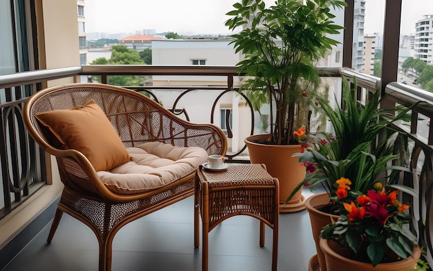 Lussuoso balcone di casa con mobili eleganti, piante fiorite e abbondante luce naturale