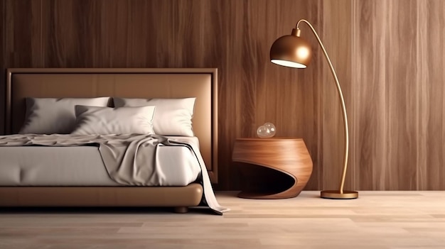 Lussuoso comodino rotondo minimale in legno lampada da terra oro testata letto in pelle marrone Generative AI