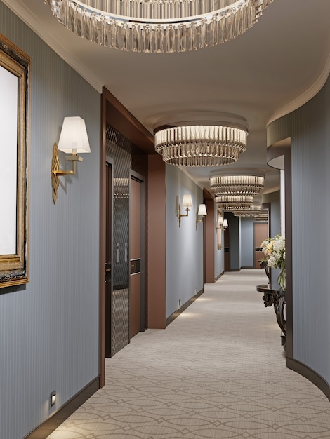Lussuoso corridoio moderno con pareti blu, nicchie decorative con console e lampadari in vetro. Interior design della hall con una porta per le camere dell'hotel. rendering 3d