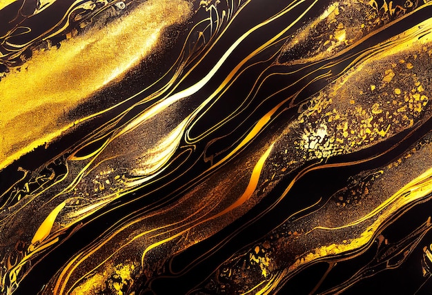 Lussuoso dipinto di arte fluida astratta con tecnica dell'inchiostro ad alcool miscela di vernici nere e dorate Imitazione del taglio della pietra di marmo Design tenero e sognante