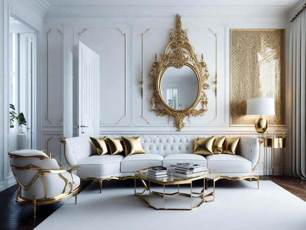 Lussuoso e ricco design interno del soggiorno con eleganti mobili classici e decorazioni per pareti