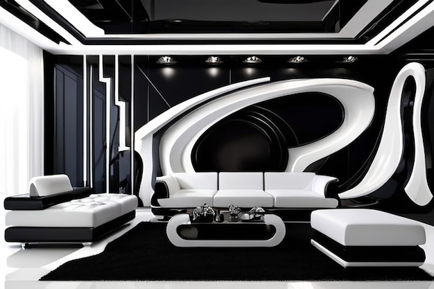 Lussuoso futuristico elegante interno moderno in colori bianchi e neri contrastanti con un interessante nero alla moda