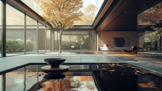 Lussuoso interno moderno del cortile posteriore con albero e piscina AI generativa